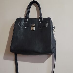 Black Leather Handbag with Padlock  Accents Arm or Strappy purse